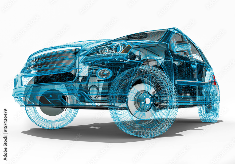 Poster wire frame suv / 3d render image representing an luxury suv in wire frame