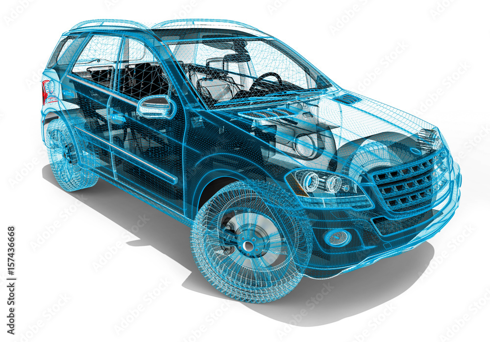Poster wire frame suv / 3d render image representing an luxury suv in wire frame