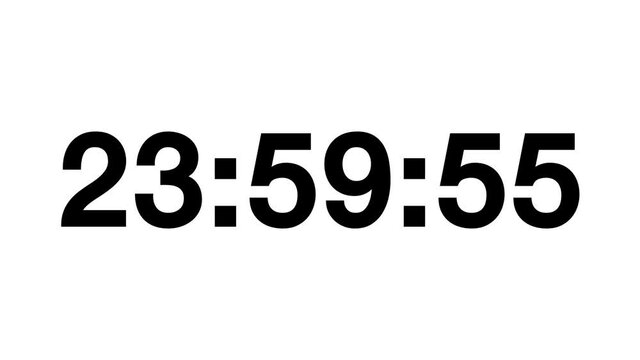 Countdown of 24 hours. Digital clock - black numbers on white background. Timer with minutes and seconds.