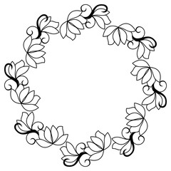 Fototapeta na wymiar Black and white silhouette round frame with decorative flowers. Vector clip art