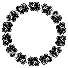 Black and white silhouette round frame with decorative flowers. Vector clip art