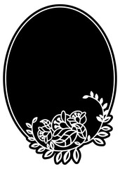 Black and white silhouette round frame with decorative flowers. Vector clip art