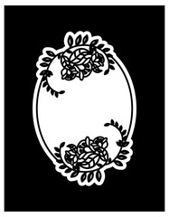 Black and white silhouette round frame with decorative flowers. Vector clip art