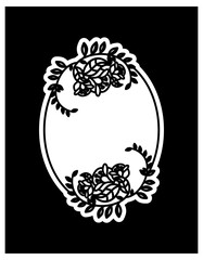 Black and white silhouette round frame with decorative flowers. Vector clip art