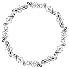 Black and white silhouette round frame with decorative flowers. Vector clip art