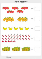 Count the fruits. Then write the solutions. - Basic multiplication