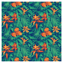 Seamless summer Hawaiian tropical pattern with, palm leaves and flowers. © labitase