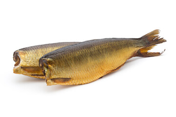 Smoked trout in front of a white background.