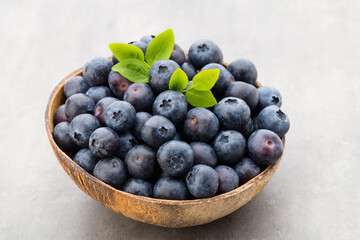 Fresh blueberries natural coconut in a bowl on a gray background.