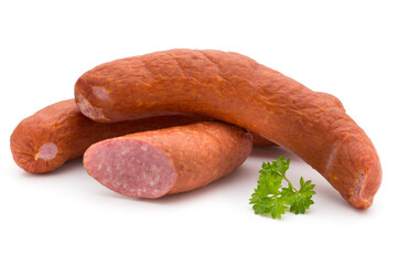 Smoked sausage on a white background.