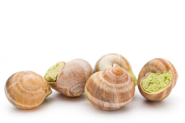 Cooked snails delicacy. French cuisine stuffed snails.