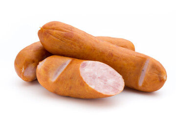 Sausage and spices isolated on white background, fresh delicious frankfurter.