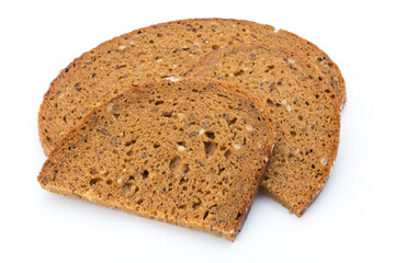 Slices of rye bread isolated on white background.