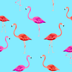 Flamingo seamless pattern on mint blue background. Vector background for design, fabric