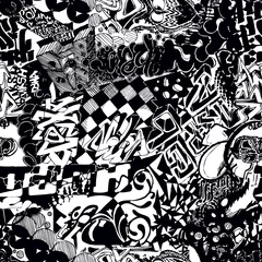 Gordijnen Zwart-wit naadloze patroon graffiti, sticker bombardementen © ekuksha
