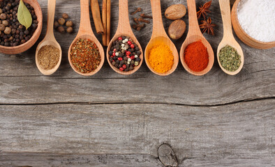 Herbs and spices on wooden background. Top view with copy space