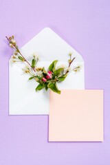 Colorful summer flowers in envelope and pink sheet on violet background.