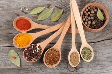 Herbs and spices on wooden background. Top view with copy space