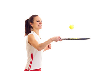 Woman playing with tennis racquet