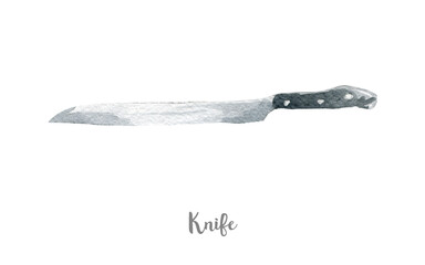 Kitchen knife illustration. Hand drawn watercolor on white background.