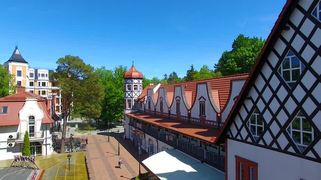 Aerial view of the buildings of Gostiny Dwor Rauschen in Svetlogorsk, Russia
