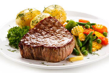 Grilled beefsteak with potatoes on white background