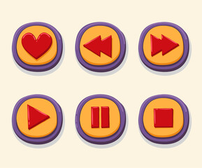 Hand drawn 3d web buttons for the player. Like, rewind, play, pause, stop. internet button set color 