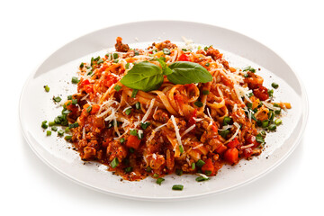Spaghetti bolognese on white background