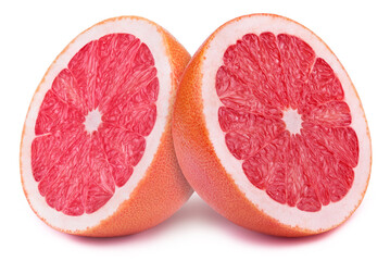 Perfectly retouched sliced halves of grapefruits isolated on the white background with clipping path