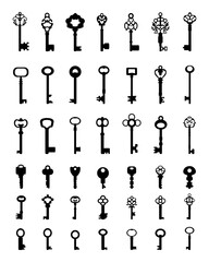 Set of black silhouettes of door keys, vector