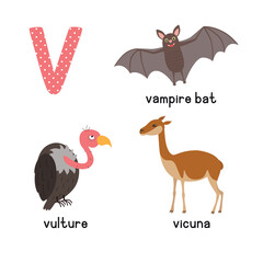 Cute Animal Zoo Alphabet. Letter V for vulture, vicuna, vampire bat