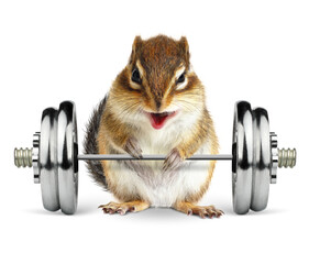 Funny fitness animal chipmunk with dumbbell on white