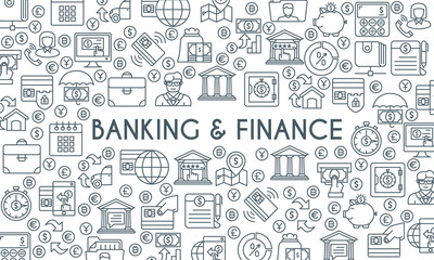 Banking and finance banner. Design template with thin line icons on theme finance, investment, market research, financial analysis, savings. Vector illustration