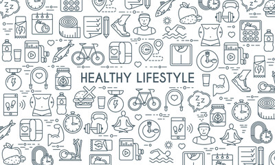 Healthy lifestyle banner. Design template with thin line icons on theme fitness, nutrition and dieting. Vector illustration
