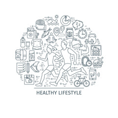 Healthy lifestyle concept. Design template with thin line icons on theme fitness, nutrition and dieting. running man and woman. Vector illustration