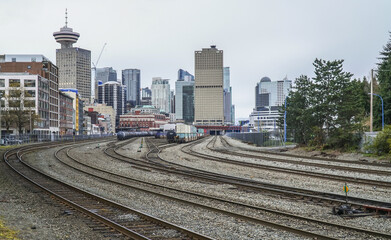 Fototapeta premium Train tracks at Gastown district in Vancouver - VANCOUVER - CANADA - APRIL 12, 2017