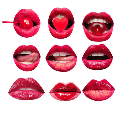 Collage of female lips on white background. Bright makeup