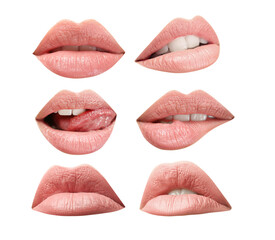 Collage of female lips on white background. Natural makeup