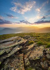 Rocks on the mountain field during sunrise. Beautiful natural landscape in the summer time