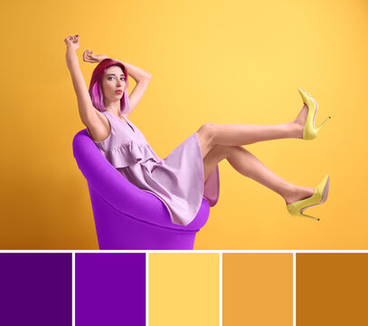 Color matching palette. Young woman with dyed lilac hair sitting in armchair on orange background
