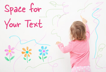 Art concept. Cute little girl drawing on white background with space for design