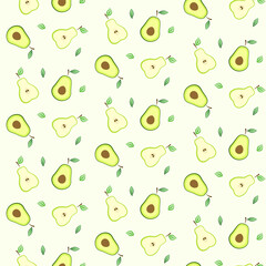 Cute split in a half avocado and pear seamless pattern, summer fresh fruit pattern