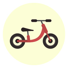 Flat red kids balance bike icon, children run bike symbol