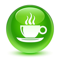 Coffee cup icon glassy green round button