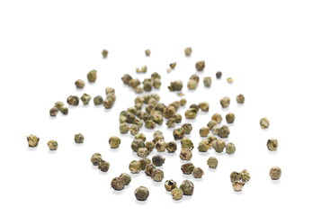  pile dry green peppercorn isolated on white
