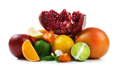 Composition of pomegranate and citrus fruits on white background
