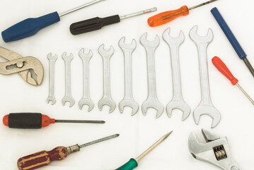 Flat lay with tools for work on a white background