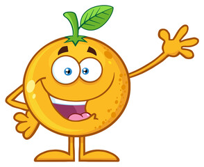 Happy Orange Fruit Cartoon Mascot Character Waving For Greeting. Illustration Isolated On White Background