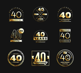 40th anniversary logo set with gold elements. Vector illustration.