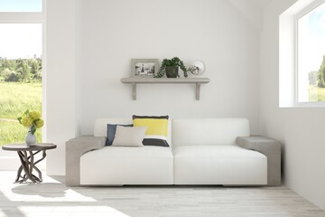 White room with sofa and green landscape in window. Scandinavian interior design. 3D illustration